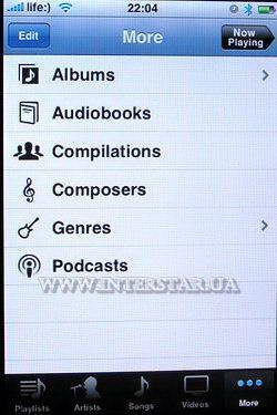 Скриншот меню iPod телефона Apple iPhone